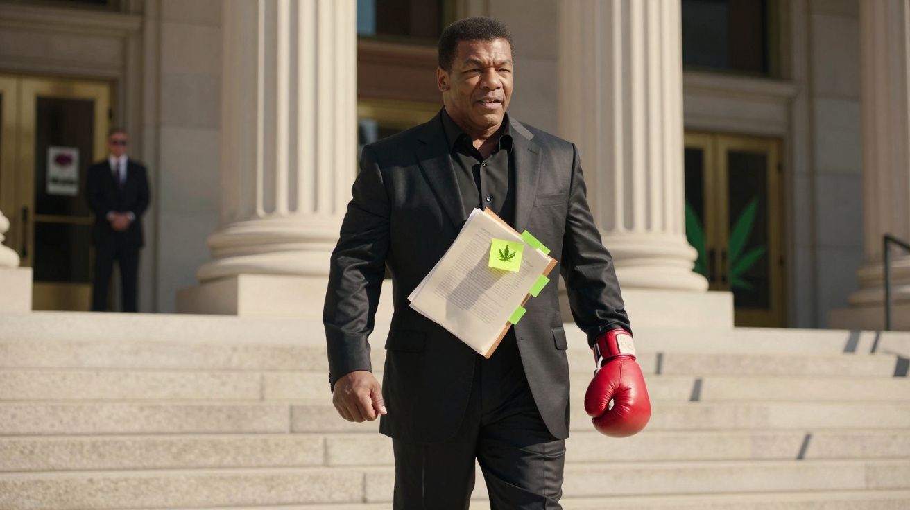 Mężczyzna w garniturze z czerwoną rękawicą bokserską i dokumentami schodzący po schodach budynku.