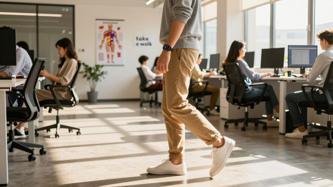 Osoba chodzi w biurze z innymi pracującymi ludźmi przy biurkach przy komputerach.