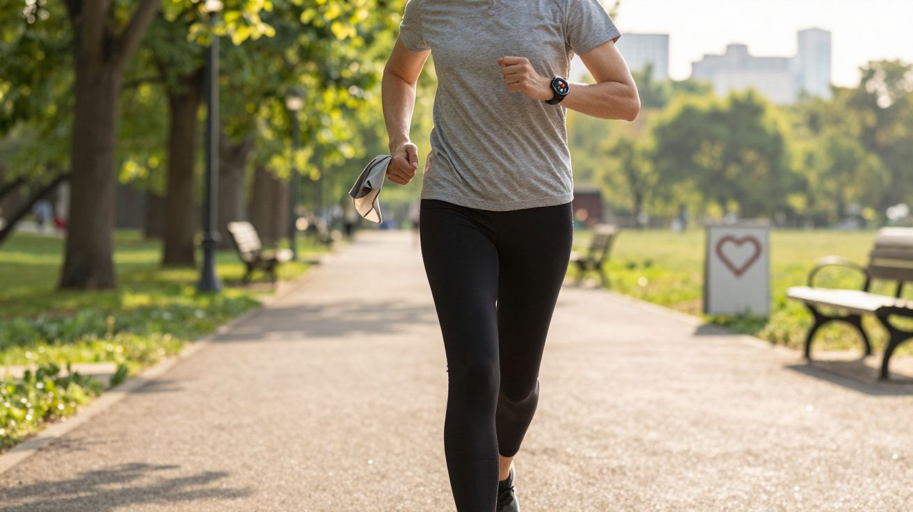 Osoba w sportowym ubraniu biegnąca po parku, trzymająca maskę na twarz, smartwatch na nadgarstku.