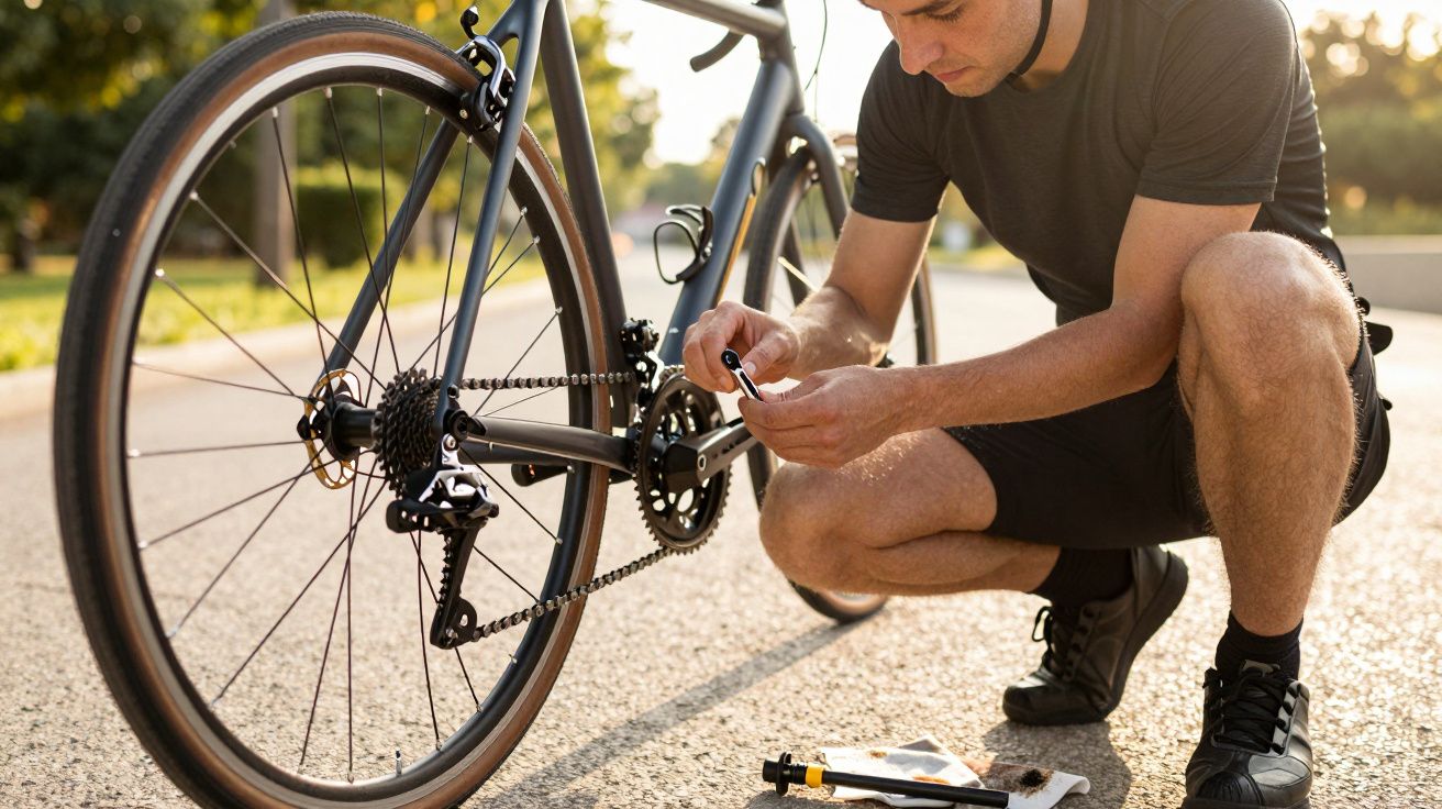 Mężczyzna naprawiający rower na drodze w słoneczny dzień, klęczy obok tylnego koła.