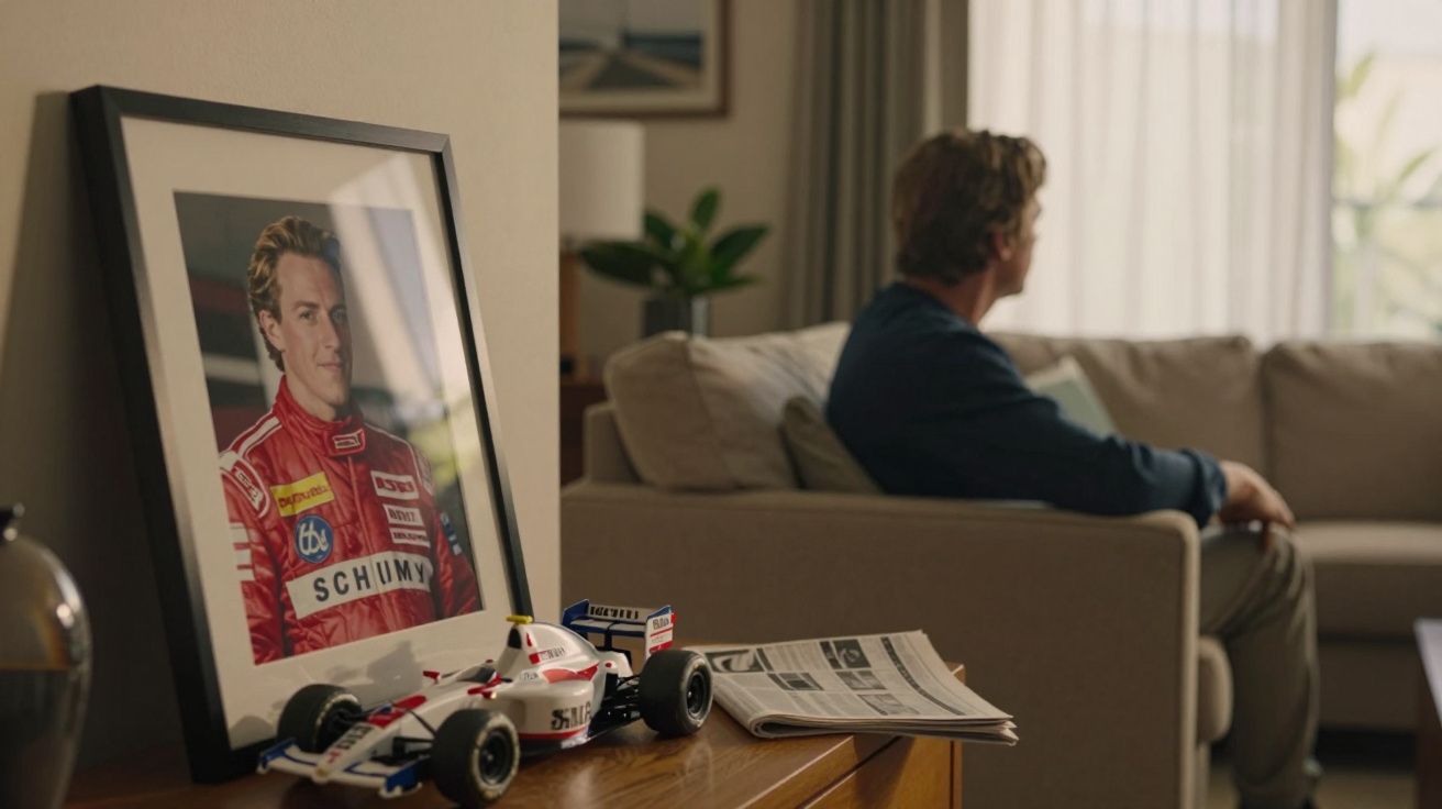 Zdjęcie framed photograph kierowcy wyścigowego, model samochodu i mężczyzna siedzący na kanapie w tle.