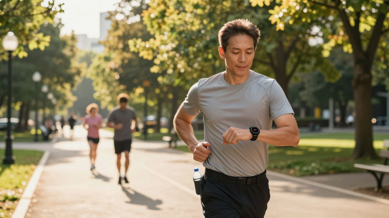 Mężczyzna w sportowym stroju biegnie w parku, sprawdzając zegarek sportowy na nadgarstku.
