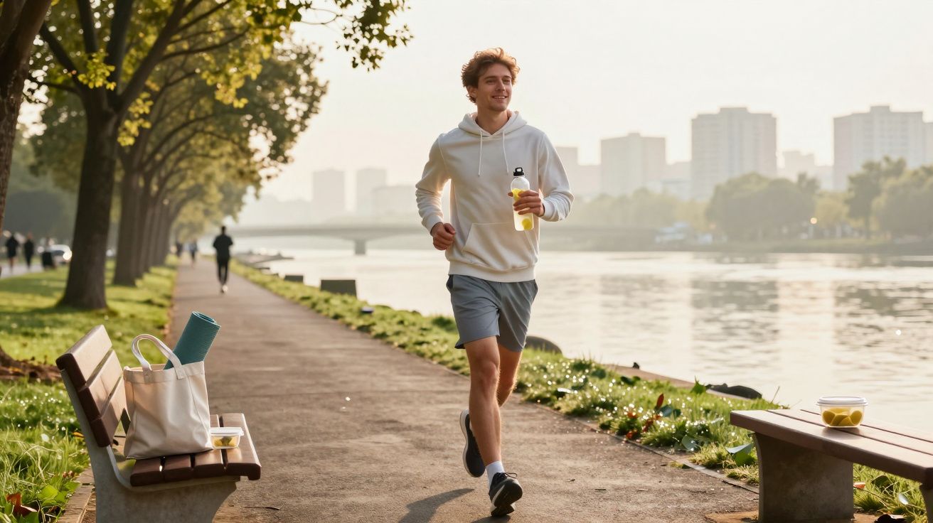 Mężczyzna w kapturze biegający nad rzeką z butelką napoju, w tle drzewa i budynki miasta.