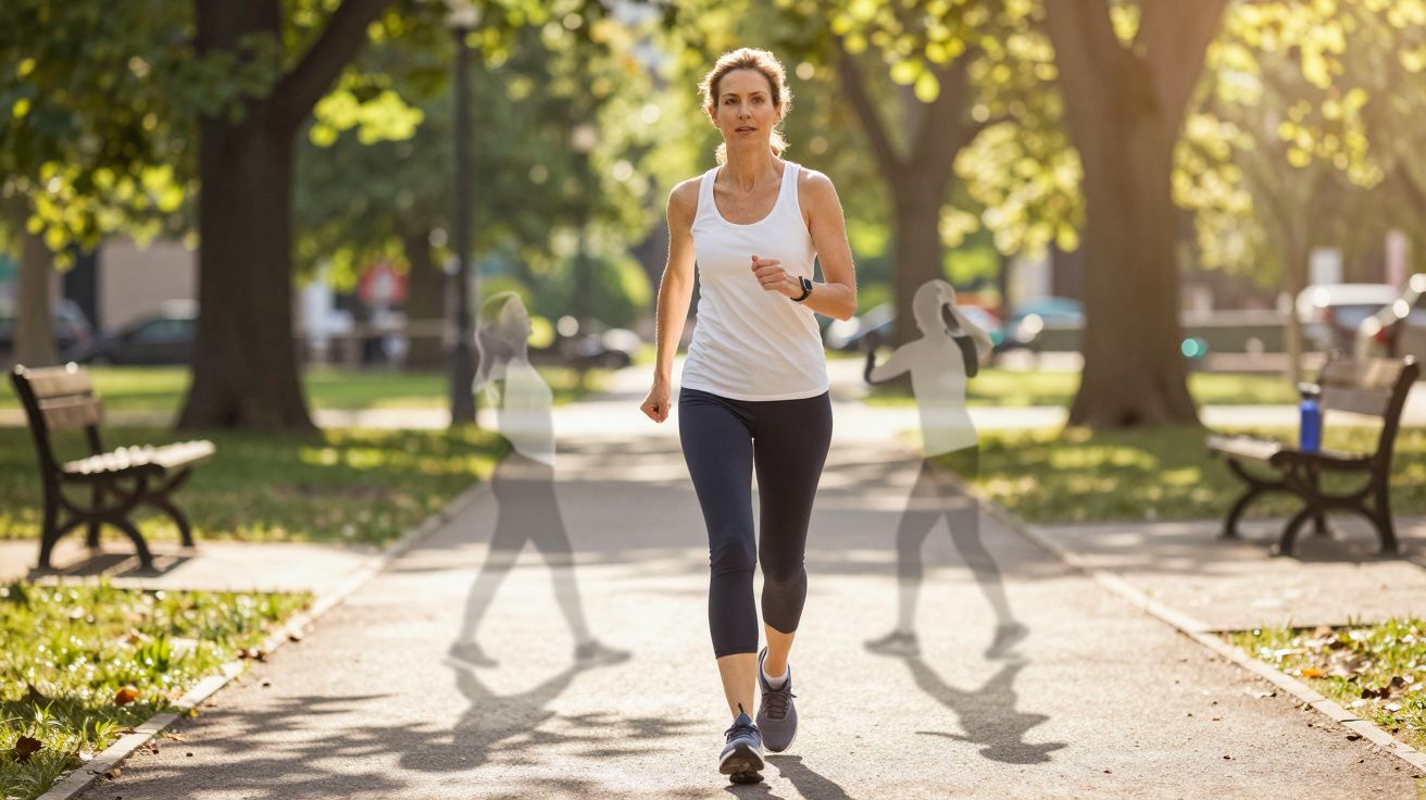 Kobieta biegnąca w białej koszulce i legginsach po ścieżce w parku w słoneczny dzień.