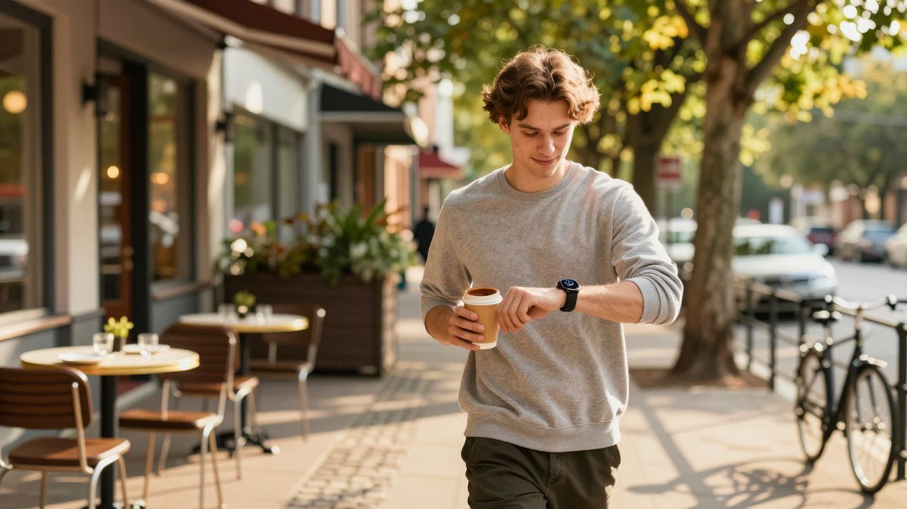 Młody mężczyzna pijący kawę na wynos, patrzy na zegarek podczas spaceru po słonecznej ulicy miasta.