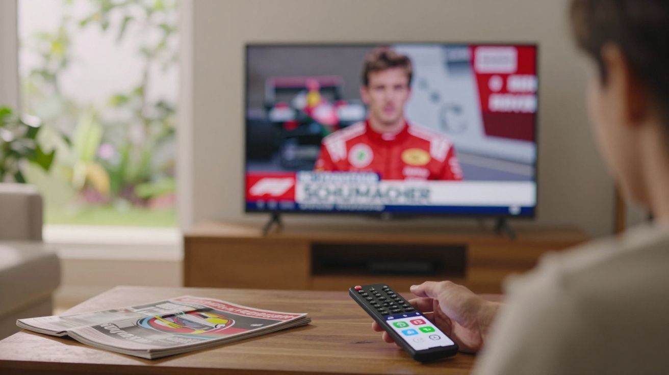 Osoba trzyma pilot i ogląda wywiad telewizyjny z kierowcą wyścigowym na ekranie.