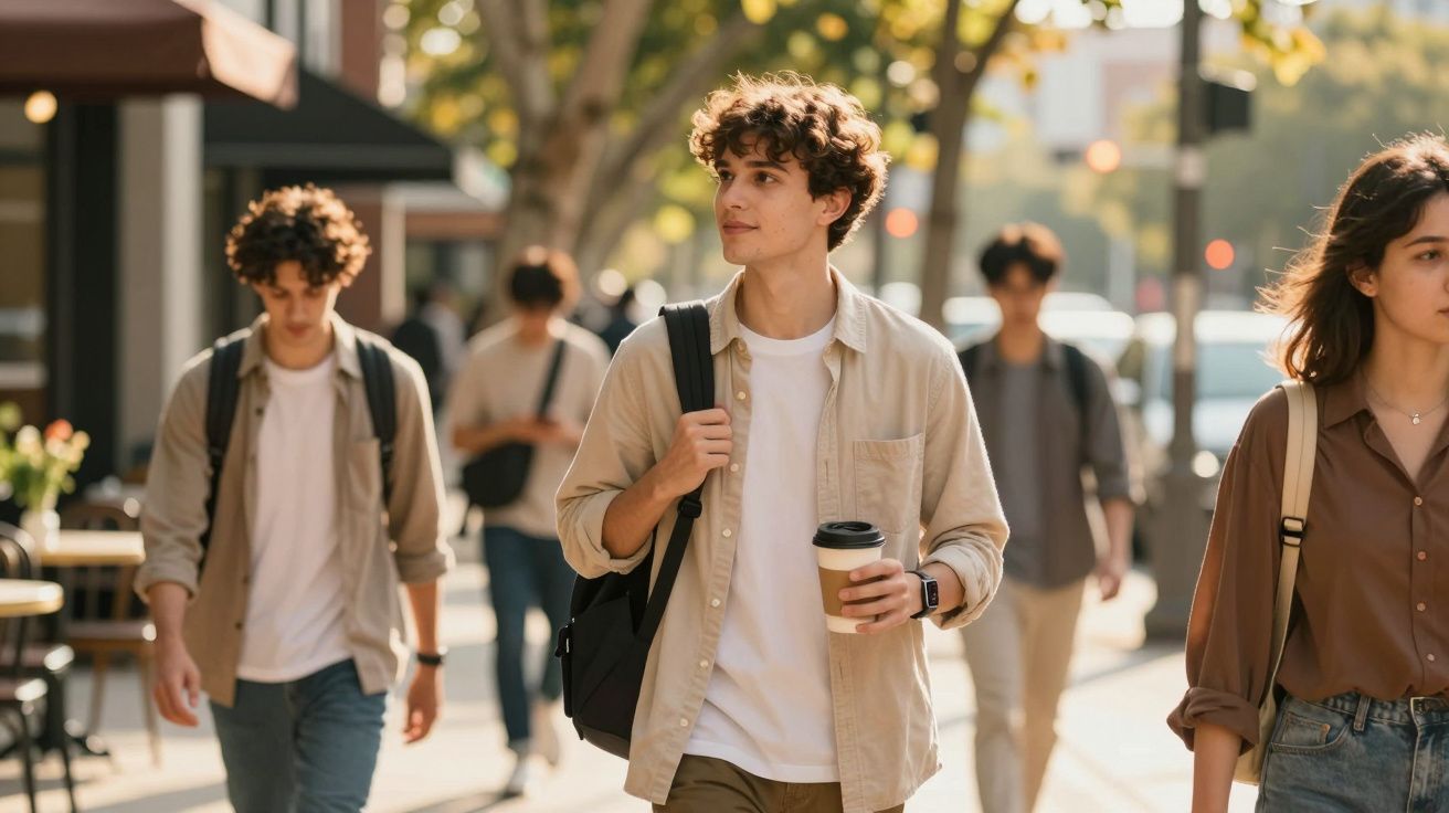 Młodzi ludzie spacerują ulicą w słoneczny dzień, jeden z nich trzyma kawę na wynos.
