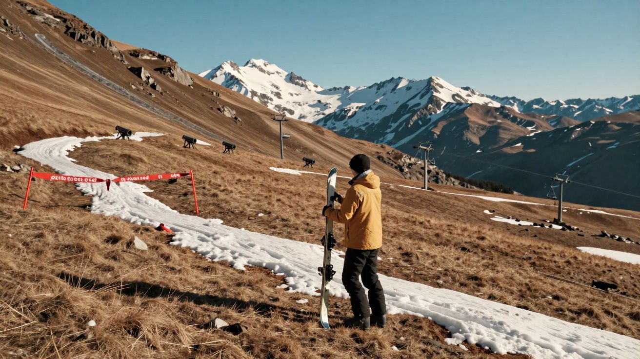 Osoba z deską snowboardową stoi na suchej górskiej łące z fragmentem śniegu i ośnieżonymi szczytami w tle.