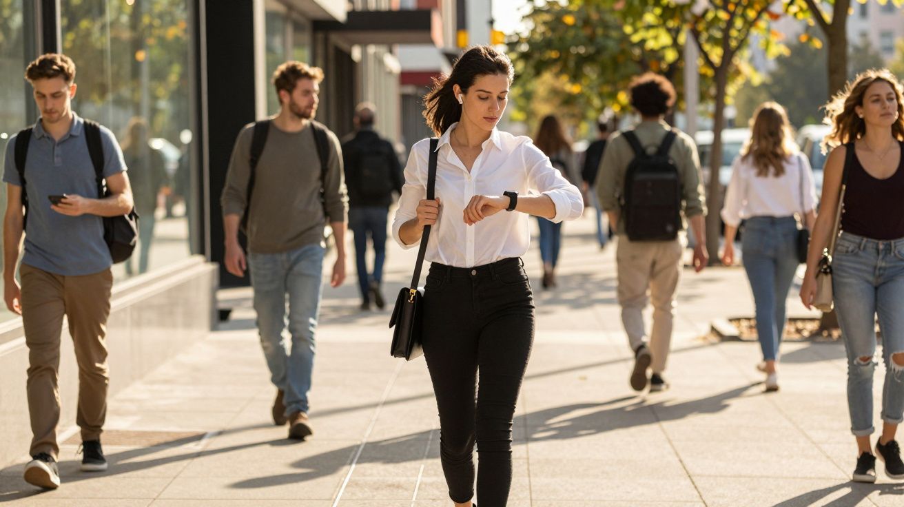 Młoda kobieta w białej koszuli patrzy na zegarek na ruchliwym miejskim chodniku z innymi przechodniami.
