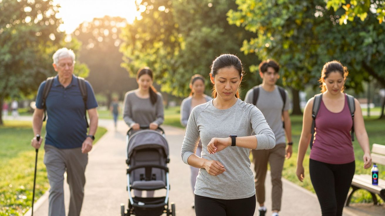 Grupa różnych osób spacerujących po parku, w tym kobieta sprawdzająca czas na zegarku.