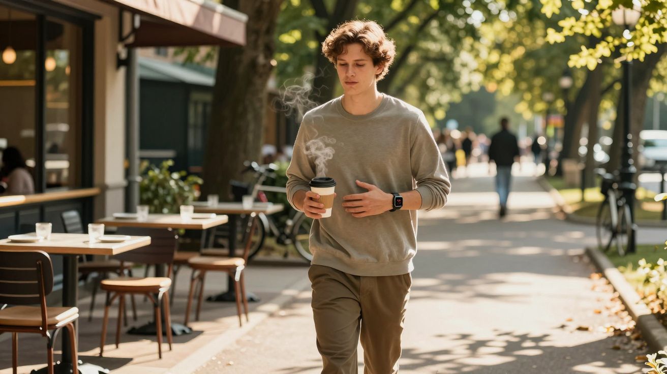 Młody mężczyzna w casualowym stroju idzie chodnikiem z kubkiem gorącej kawy w ręku przy kawiarni na zewnątrz.