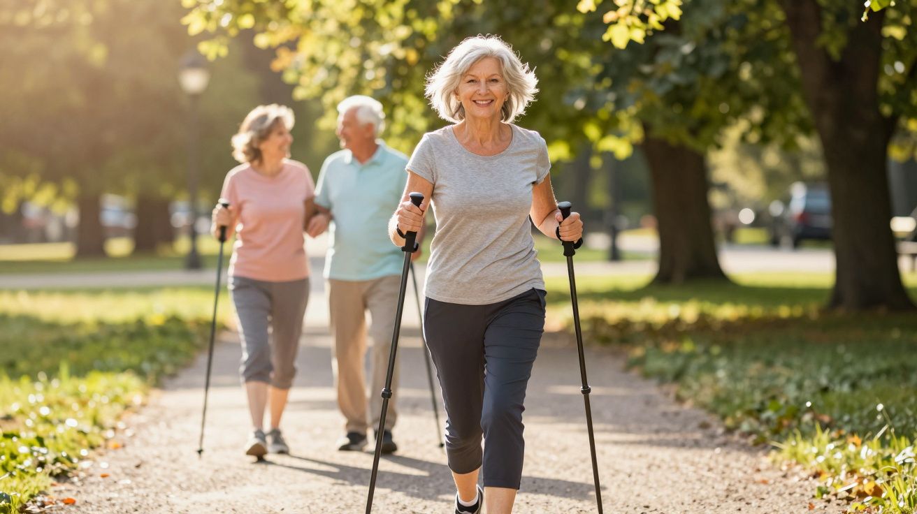 Starsza kobieta uprawiająca nordic walking w parku, za nią para seniorów spacerujących z kijkami.