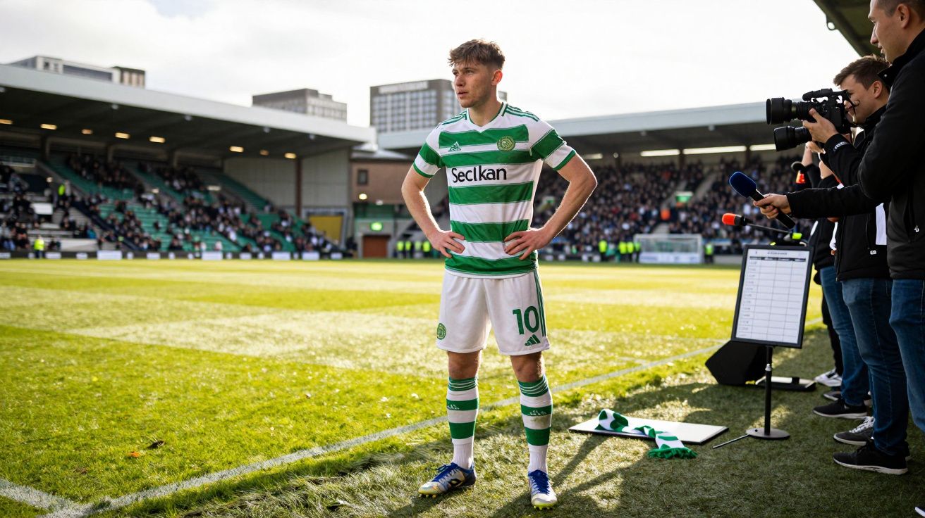 Piłkarz Celticu Glasgow w zielono-białej koszulce stoi na linii bocznej boiska podczas meczu.