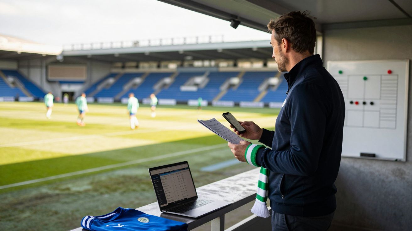 Mężczyzna z szalikiem i dokumentami obserwuje boisko piłkarskie, obok laptop i koszulka.