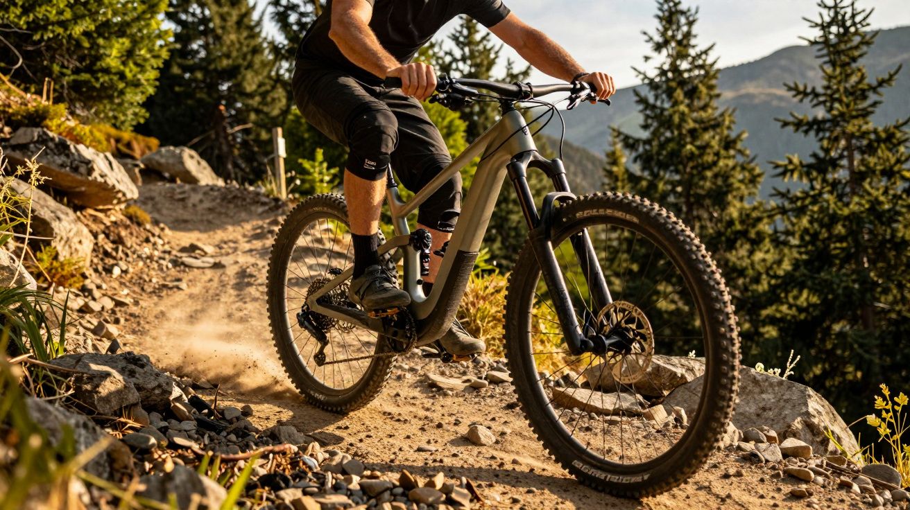 Rowerzysta w kasku jedzie górską ścieżką pełną kamieni i kurzu wśród zielonych drzew.