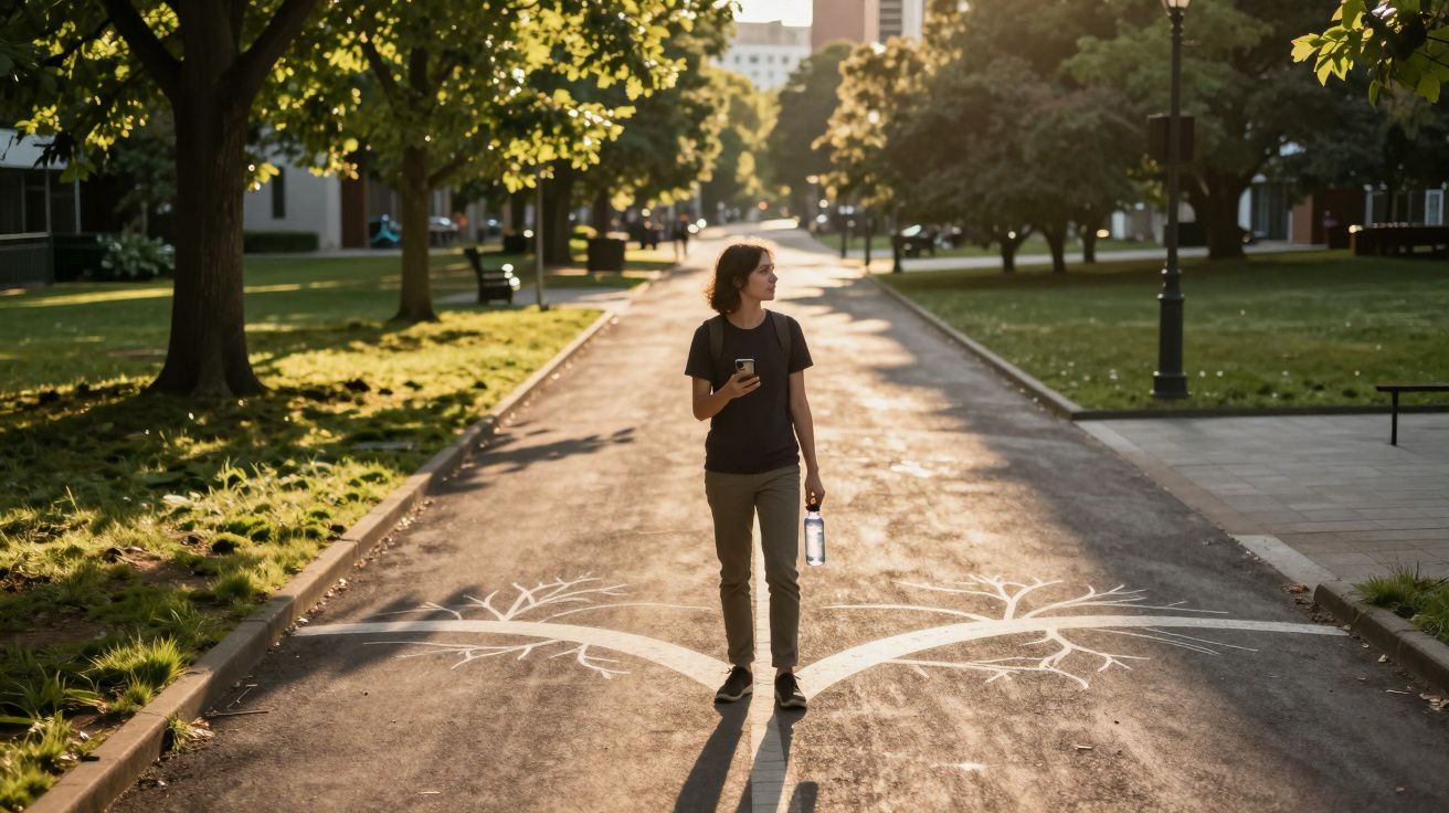 Osoba stojąca na ścieżce z narysowanymi gałęziami, trzymająca butelkę i smartfon.