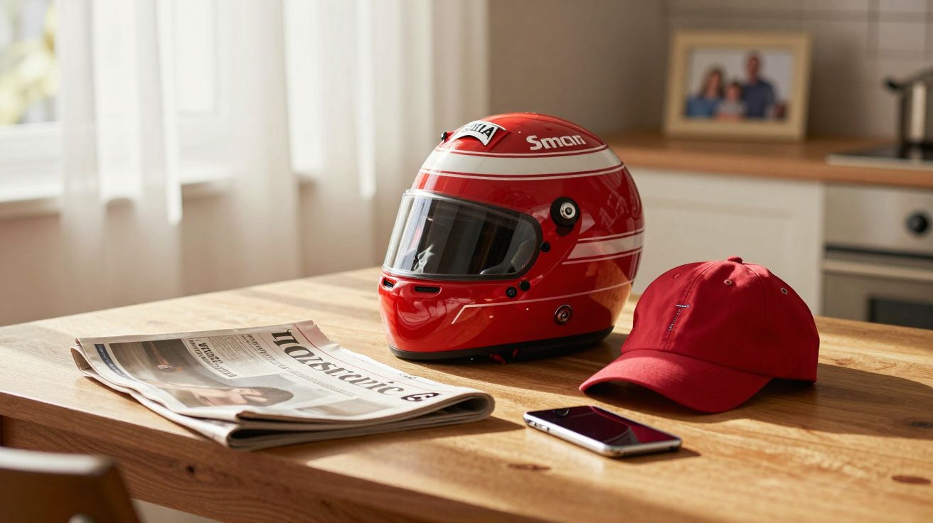 Czerwisty kask motocyklowy, czapka z daszkiem, smartfon i gazeta na drewnianym stole w jasnym pomieszczeniu.