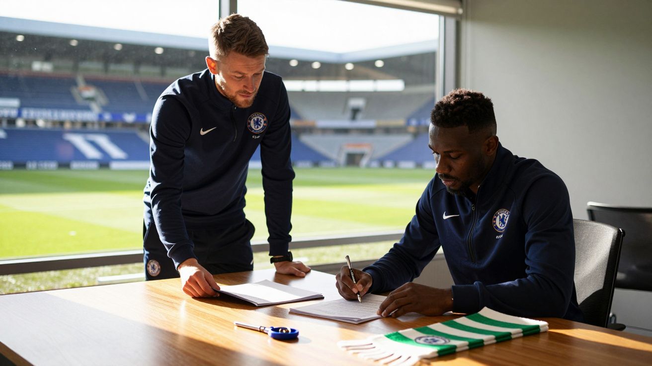 Dwóch piłkarzy Chelsea w strojach klubowych podpisuje dokumenty przy stole na stadionie.