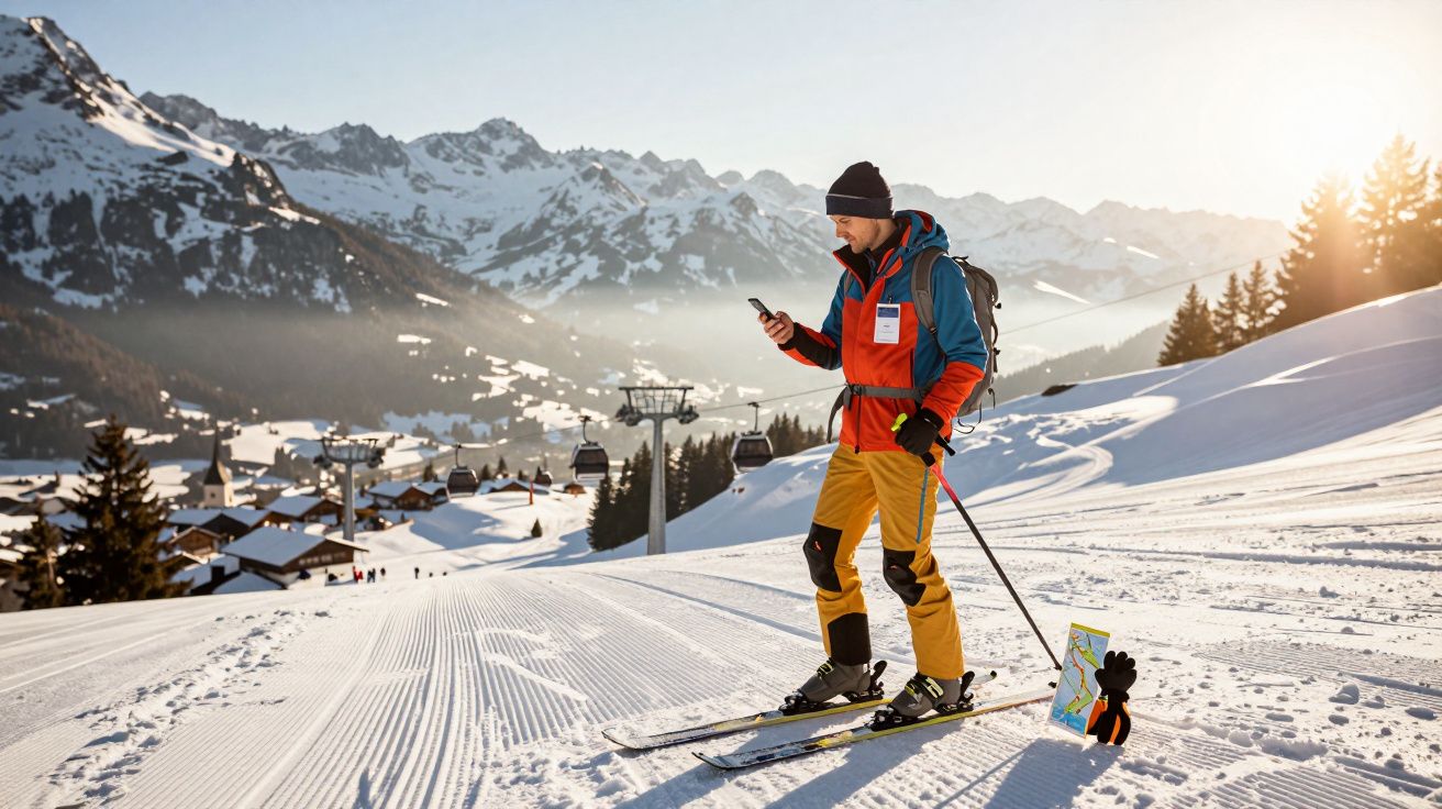 Narciarz w kolorowej kurtce stoi na stoku, patrzy na telefon, w tle ośnieżone góry i wyciąg narciarski.