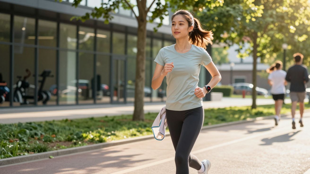 Młoda kobieta w sportowym stroju biegnie po ścieżce w parku o słonecznym poranku.
