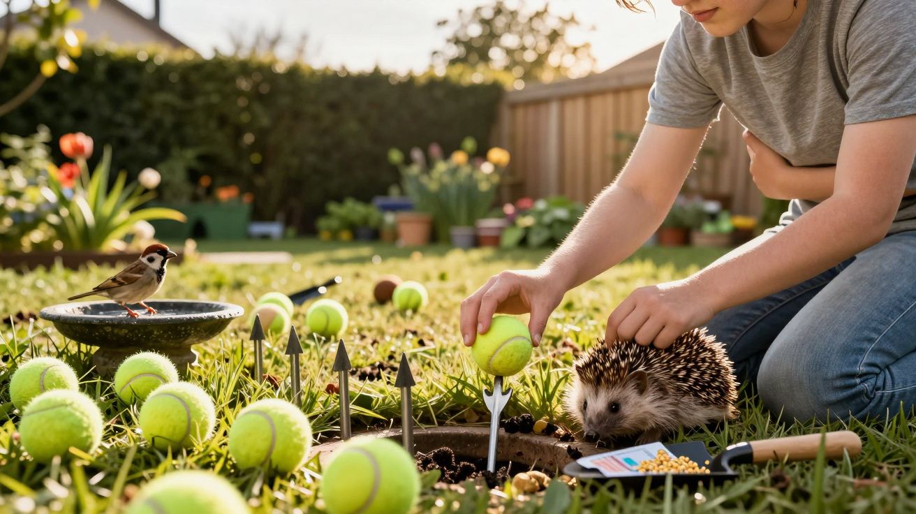 Dziecko karmi jeża piłkami tenisowymi w ogrodzie, obok stoi ptak na poidełku.