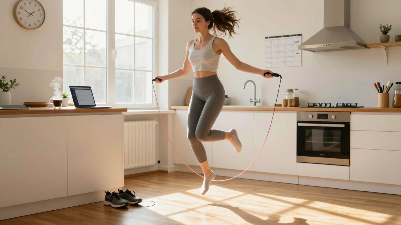 Młoda kobieta skacze na skakance w jasnej kuchni z laptopem na blacie i zegarem na ścianie.