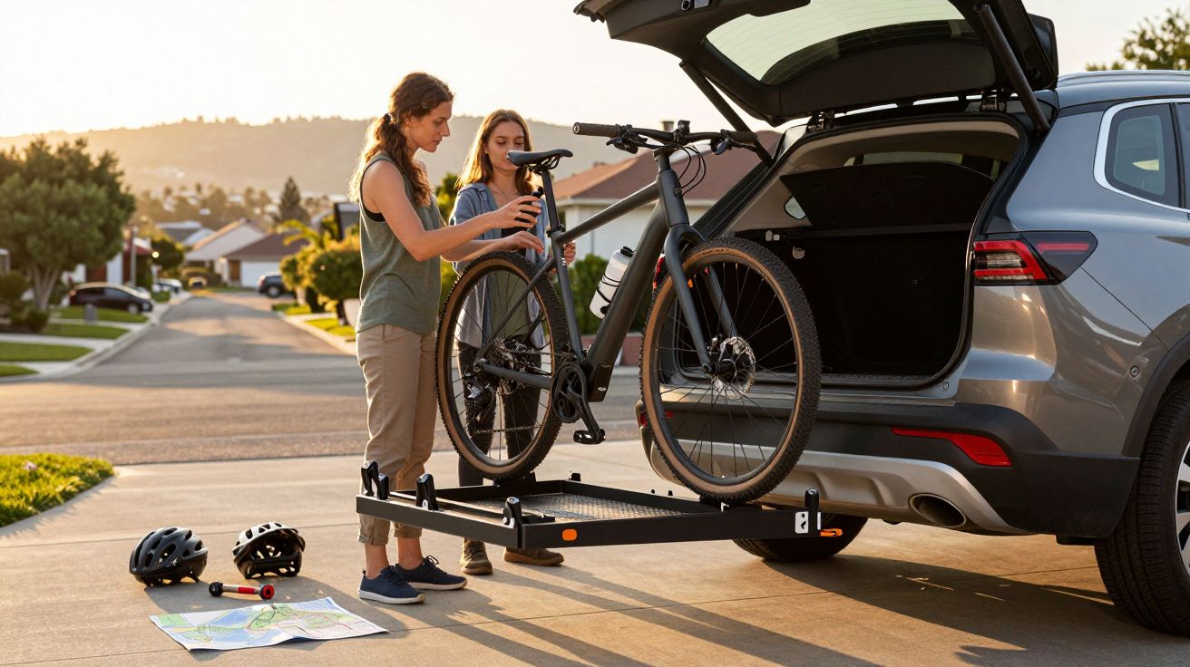 Dwie kobiety ładują rower elektryczny na bagażnik zamontowany z tyłu samochodu na przedmieściach.