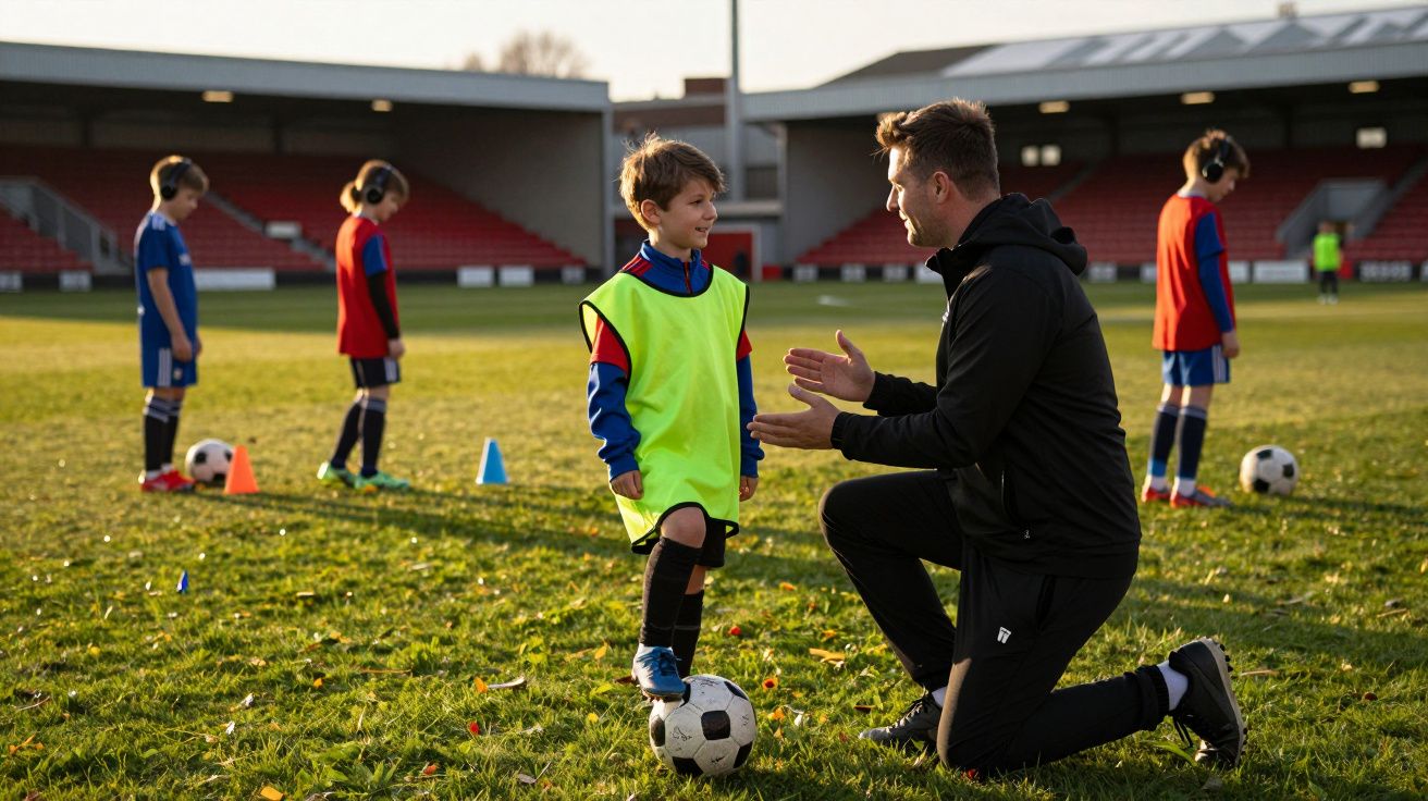 Trener rozmawia z chłopcem na boisku piłkarskim, w tle inni młodzi zawodnicy ćwiczą.