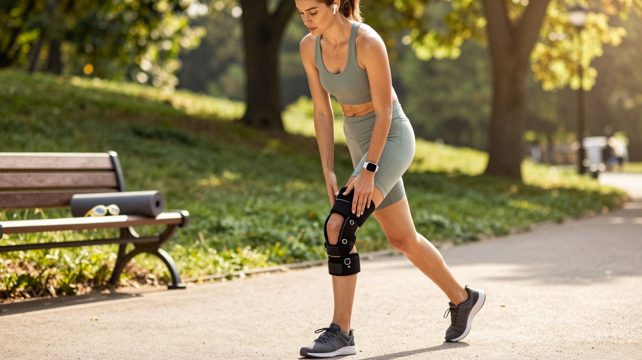 Kobieta w sportowym ubraniu trzymająca się za kolano z opaską ortopedyczną podczas ćwiczeń w parku.