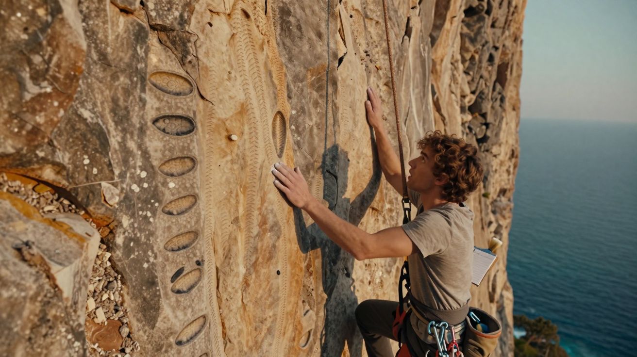 Mężczyzna wspinający się po skalnej ścianie nad wodą, skoncentrowany na kolejnym chwycie.