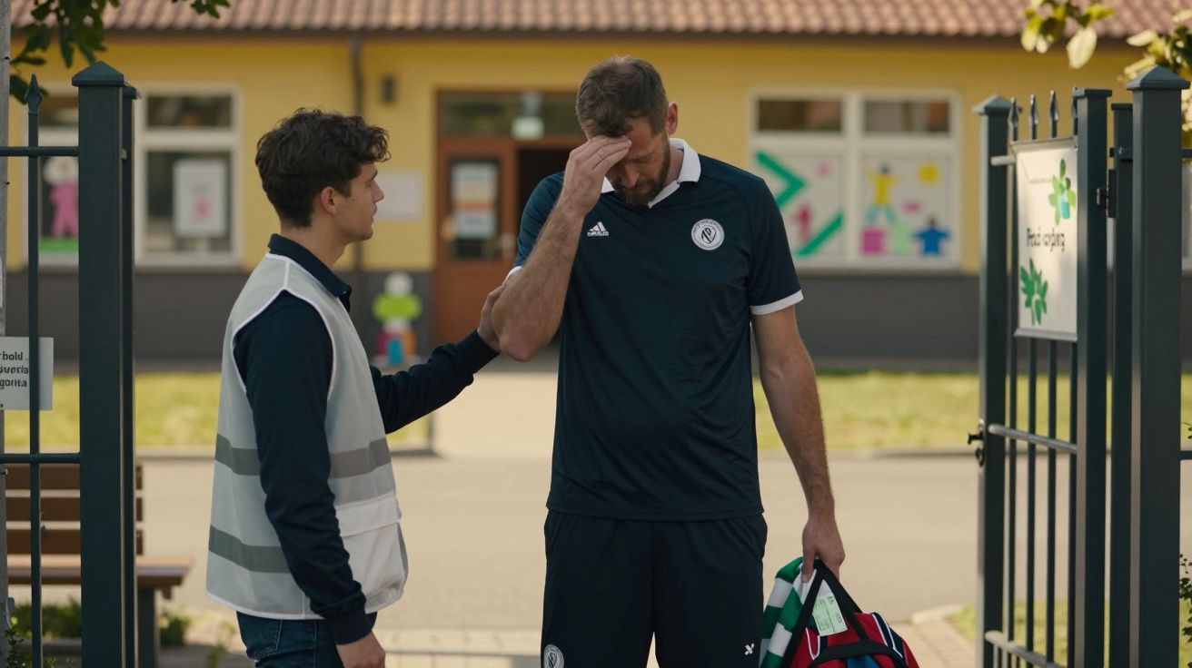 Mężczyzna w sportowym stroju z ręką na czole, drugi mężczyzna pocieszający go na tle szkoły lub przedszkola.