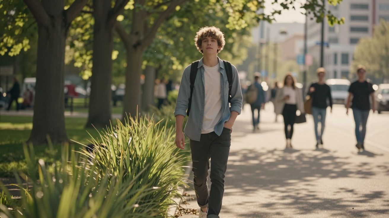 Młody mężczyzna z plecakiem idzie chodnikiem w parku, za nim ludzie spacerują w słoneczny dzień.