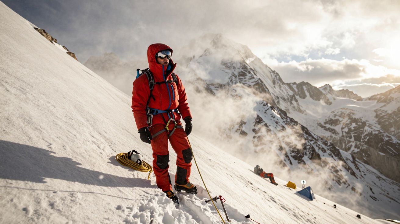 Alpinista w czerwonym ubraniu stoi na śnieżnym zboczu góry z zaśnieżonymi szczytami w tle.