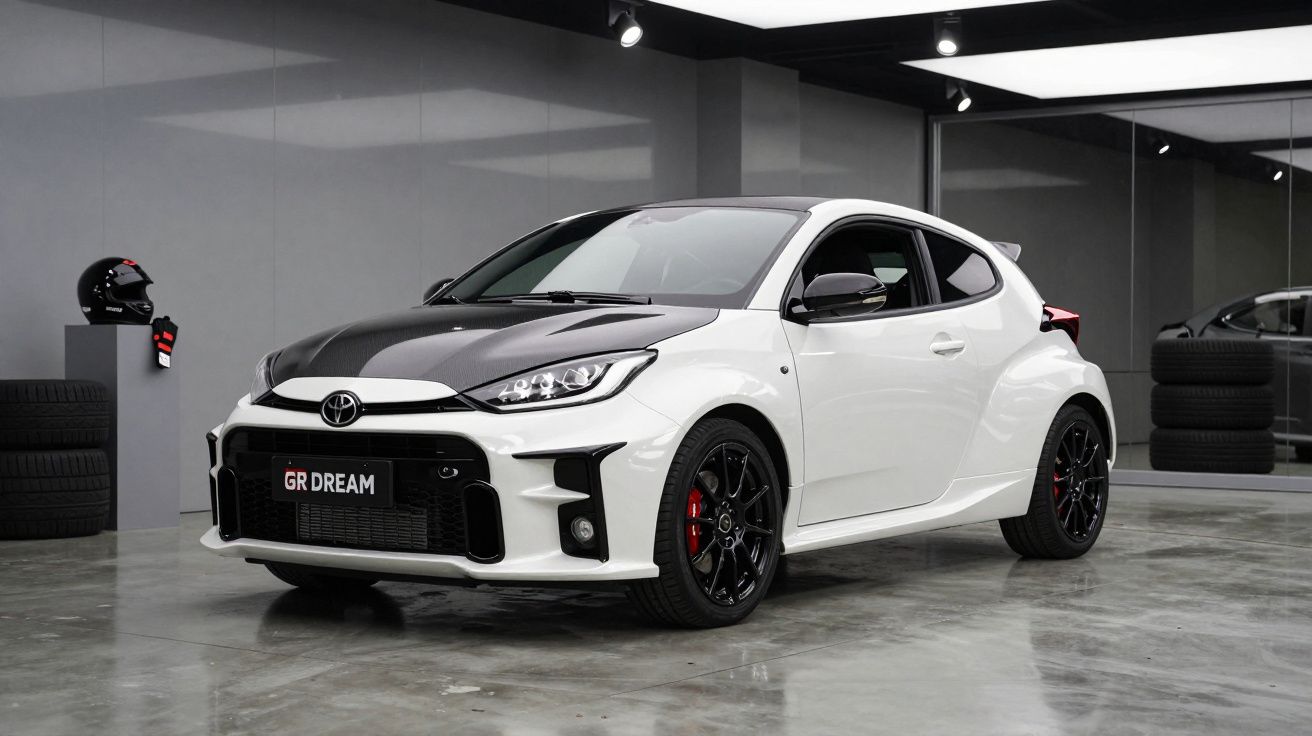 Biały sportowy samochód Toyota GR Yaris z czarnym dachem w nowoczesnym salonie samochodowym.