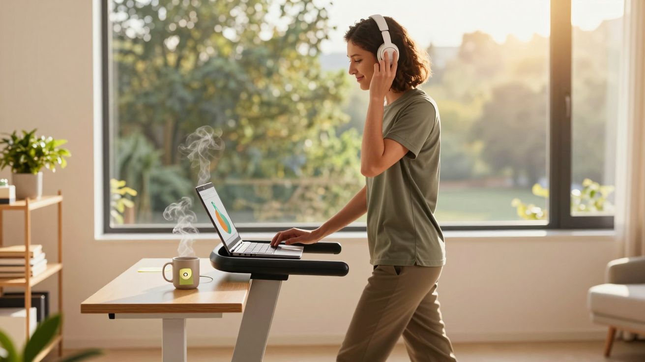 Kobieta na bieżni słuchająca muzyki z laptopem w domu, obok parująca kawa i duże okno.
