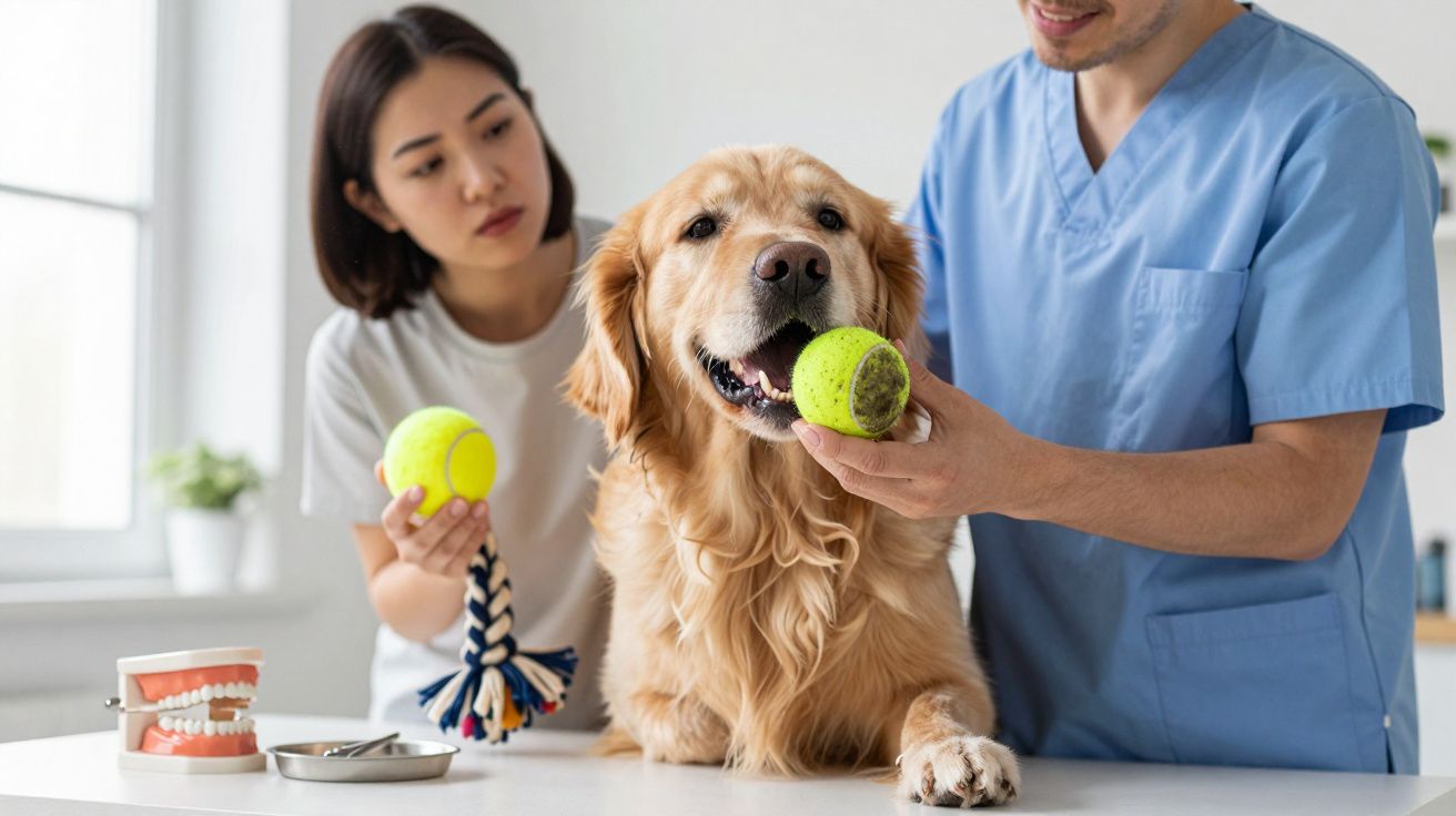 Weterynarz i właścicielka trzymają psa z piłką do tenisa podczas badania w gabinecie weterynaryjnym.