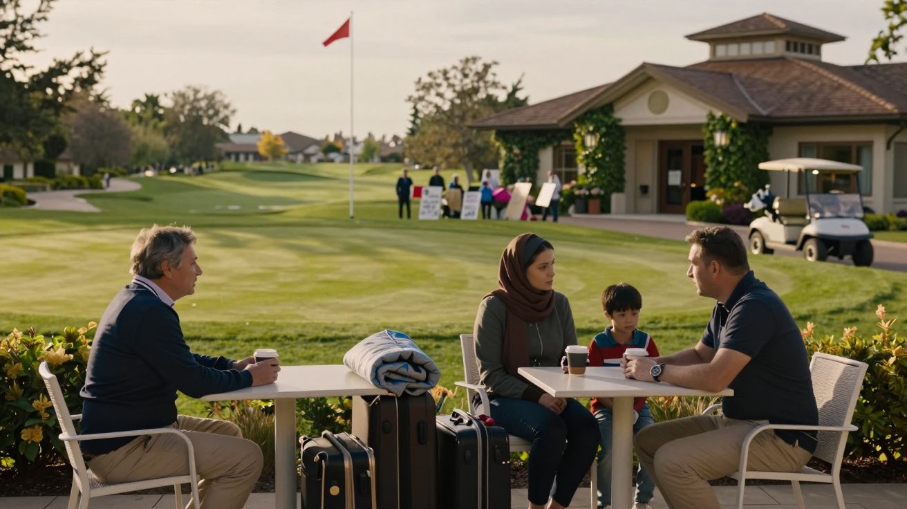Cztery osoby rozmawiają przy stolikach na świeżym powietrzu obok pola golfowego i domku klubowego.