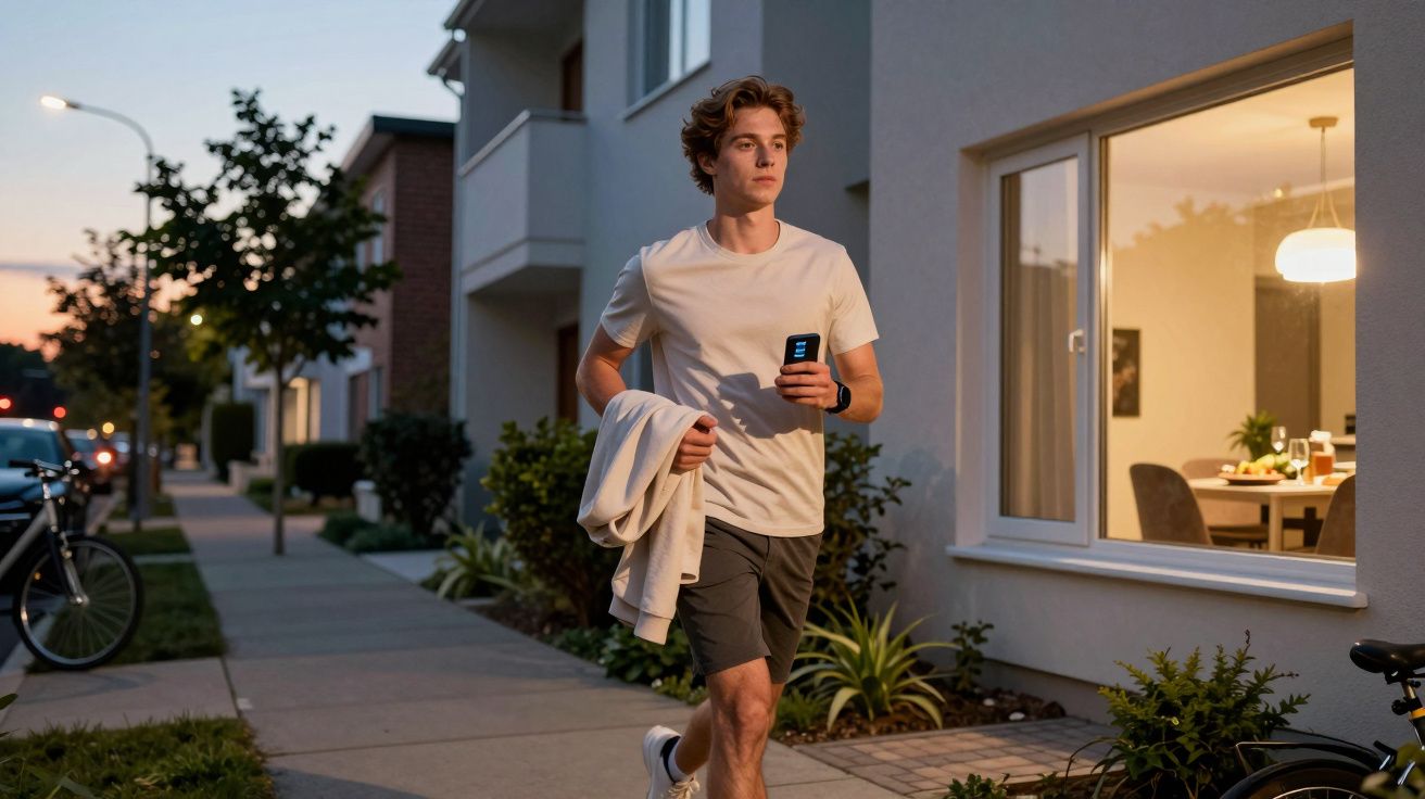 Mężczyzna w sportowym stroju biegnie wieczorem chodnikiem obok domu z widocznym oświetlonym wnętrzem.