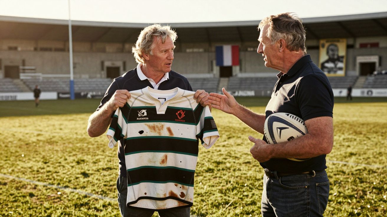 Dwaj starsi mężczyźni rozmawiają na boisku, jeden trzyma brudną koszulkę rugby, drugi piłkę.