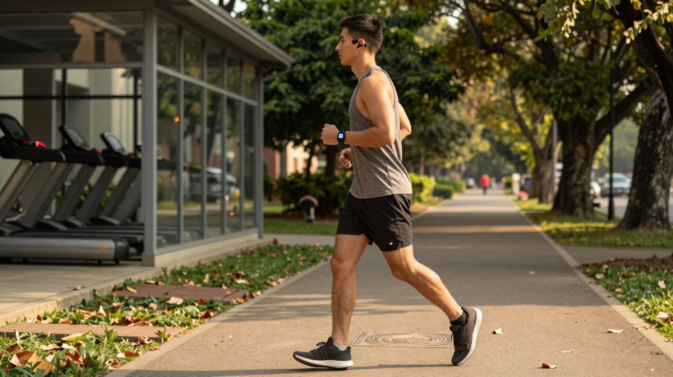 Mężczyzna biega wzdłuż chodnika obok siłowni na świeżym powietrzu, w sportowym ubraniu i słuchawkach.