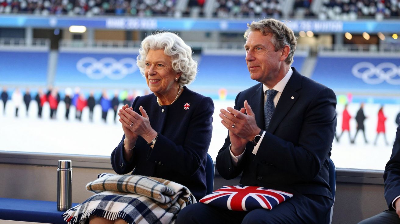 Dwóch elegancko ubranych ludzi siedzi i klaszcze na imprezie sportowej z logo olimpijskim w tle.