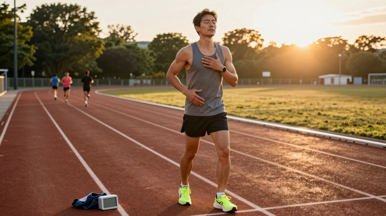 Mężczyzna w sportowym stroju odpoczywa na bieżni o zachodzie słońca, chwytając się za klatkę piersiową.