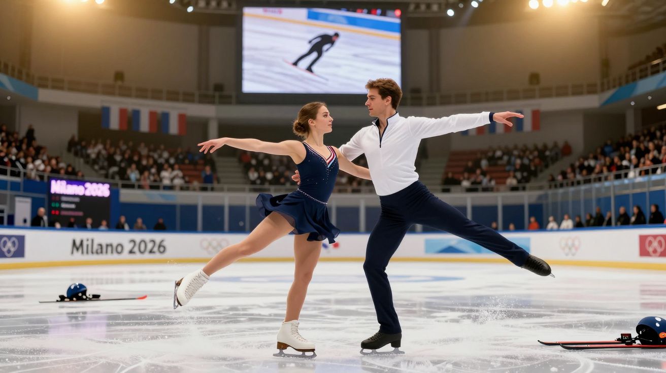 Para łyżwiarzy figurowych wykonuje taniec na lodzie na zawodach w Mediolanie 2026.