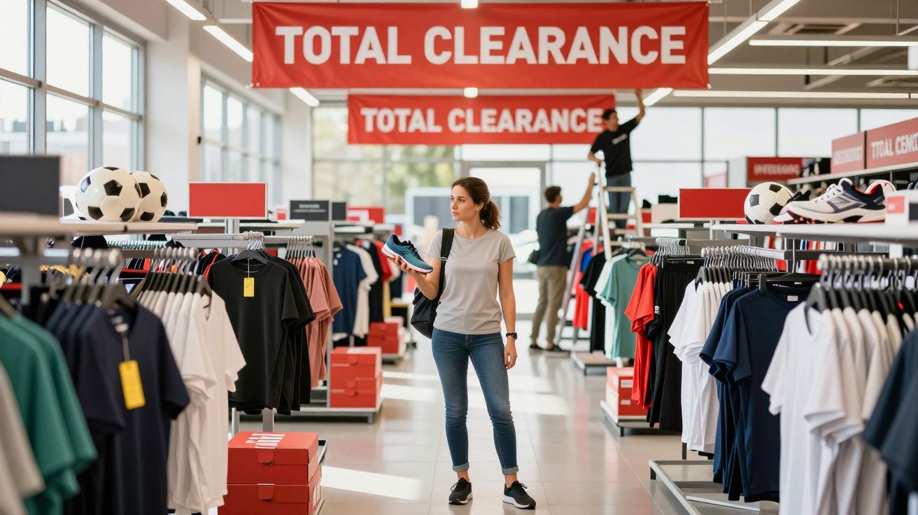 Kobieta trzymająca but sportowy w sklepie z odzieżą sportową podczas wyprzedaży "Total Clearance".