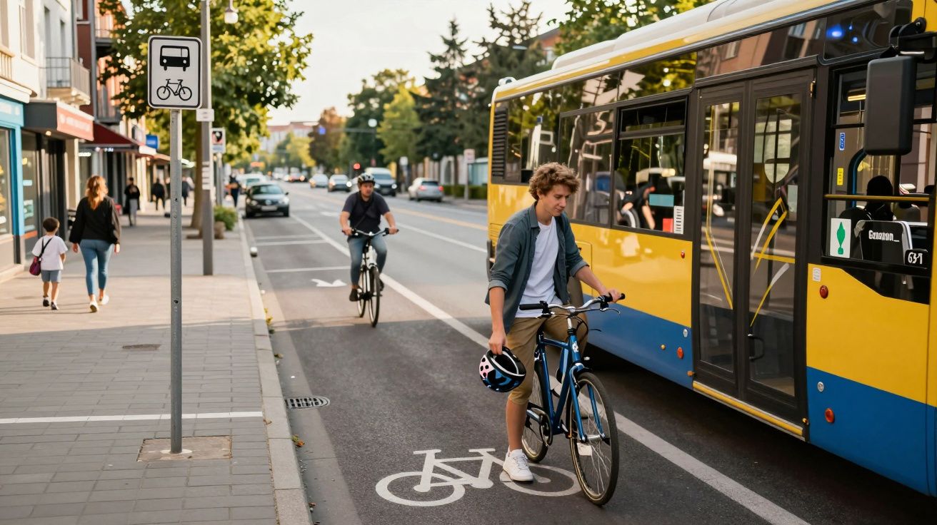 Młody mężczyzna prowadzi rower obok autobusu na ścieżce rowerowej w miejskiej ulicy.