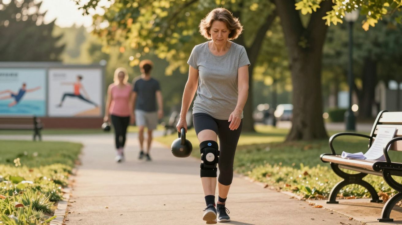 Kobieta z opaską na kolano niesie kettlebell idąc po ścieżce w parku o poranku.