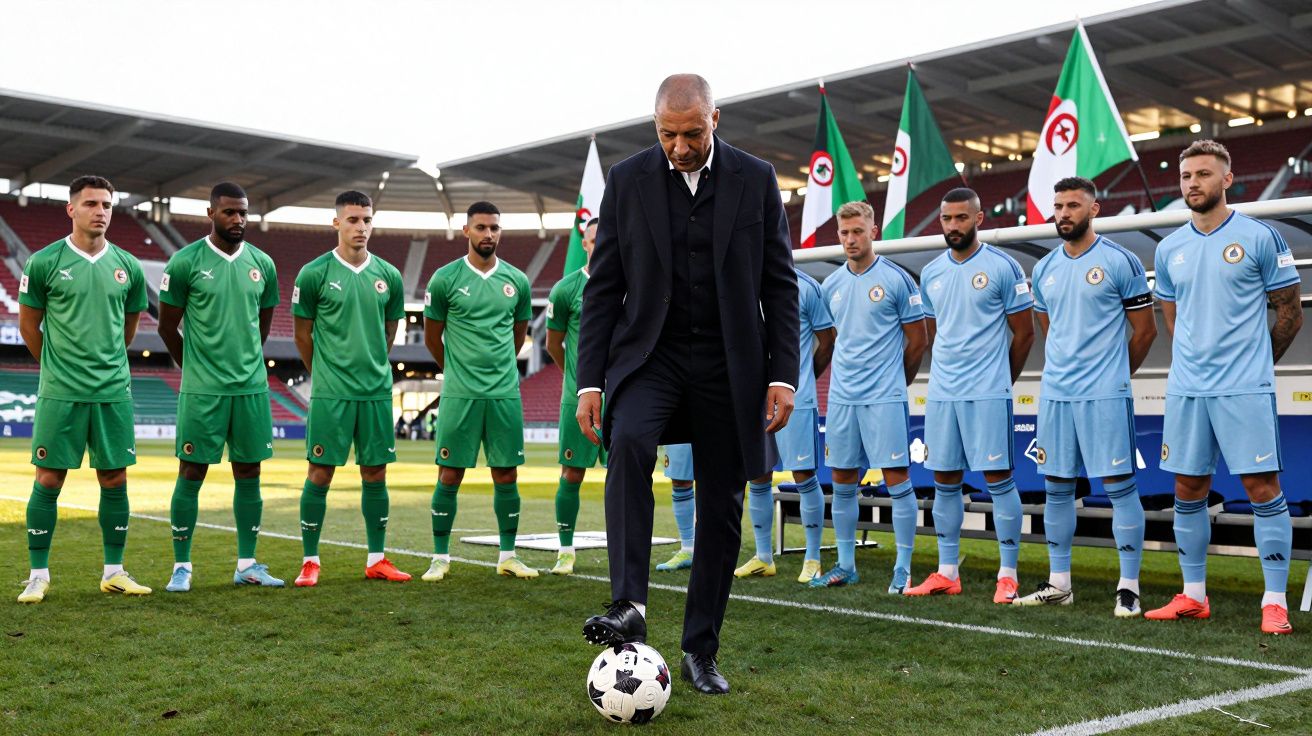 Mężczyzna w garniturze kopie piłkę, obok stoją dwie drużyny piłkarskie na boisku z flagami w tle.